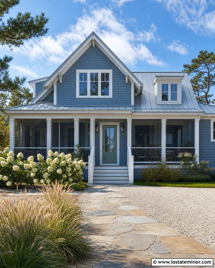 Dusty Blue Coastal House With Screened Front Porch - 30 Dusty Blue House Design With Front Porch Ideas