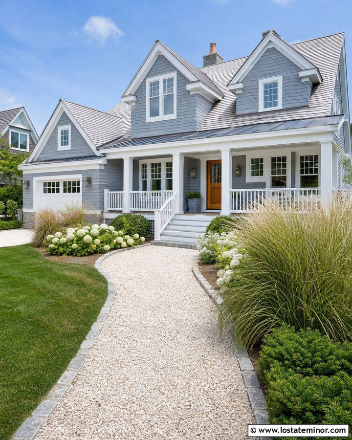 Dusty Blue Coastal House With Shell Walkway - 30 Dusty Blue House Design With Walkway Ideas