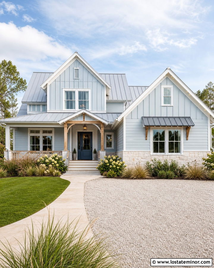 Dusty Blue Coastal House With Shellstone Wainscoting - 30 Dusty Blue House Design With Wainscoting Ideas
