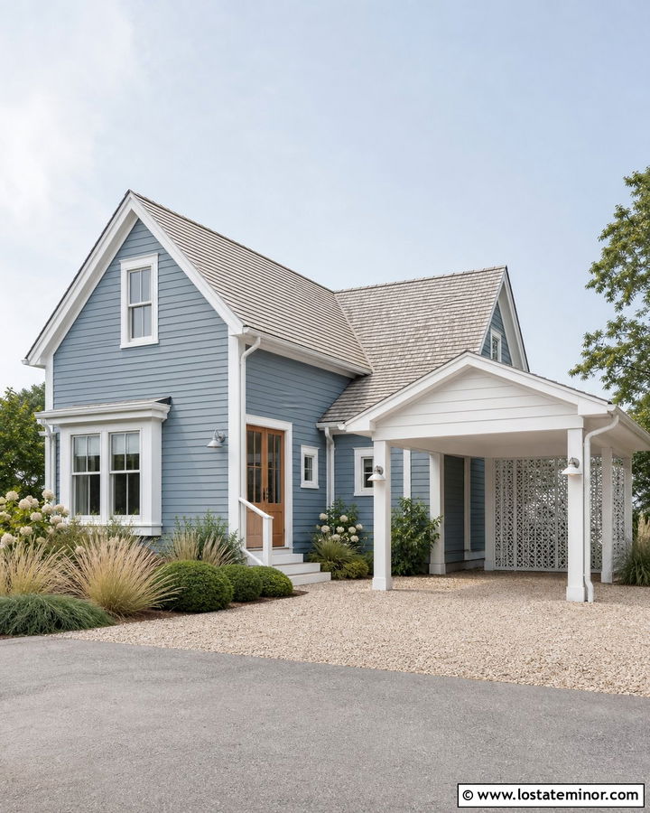 Dusty Blue Coastal House With White Carport - 30 Dusty Blue House Design With Carport Ideas