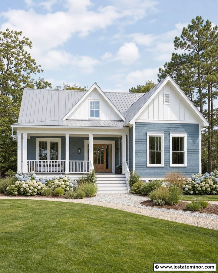Dusty Blue Coastal House With White Gables - 30 Dusty Blue House Design With Gables Ideas