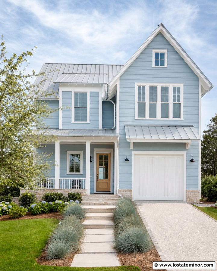 Dusty Blue Coastal House With White Garage Door - 30 Dusty Blue House Design With Garage Door Ideas
