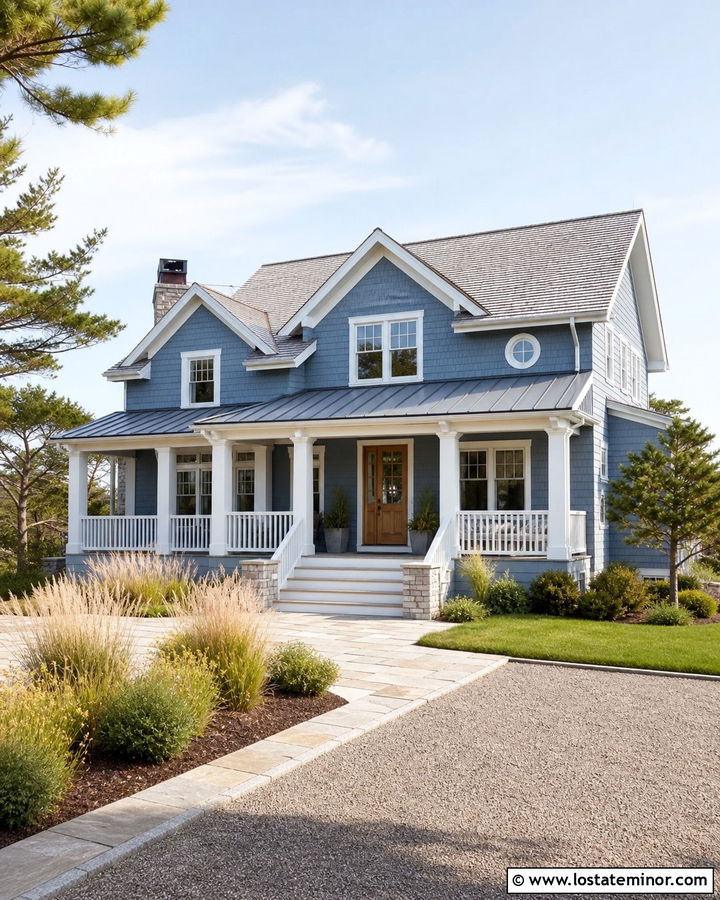 Dusty Blue Coastal House With White Porch Columns - 30 Dusty Blue House Design With Porch Columns Ideas
