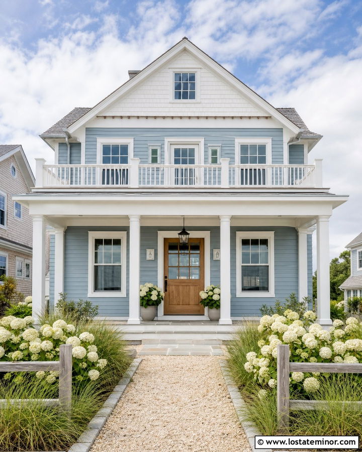 Dusty Blue Coastal House With White Shingles - 30 Dusty Blue House Design With Shingles Ideas