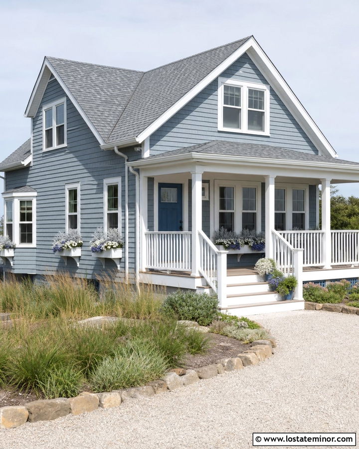 Dusty Blue Coastal House With White Window Boxes - 30 Dusty Blue House Design With Window Boxes Ideas