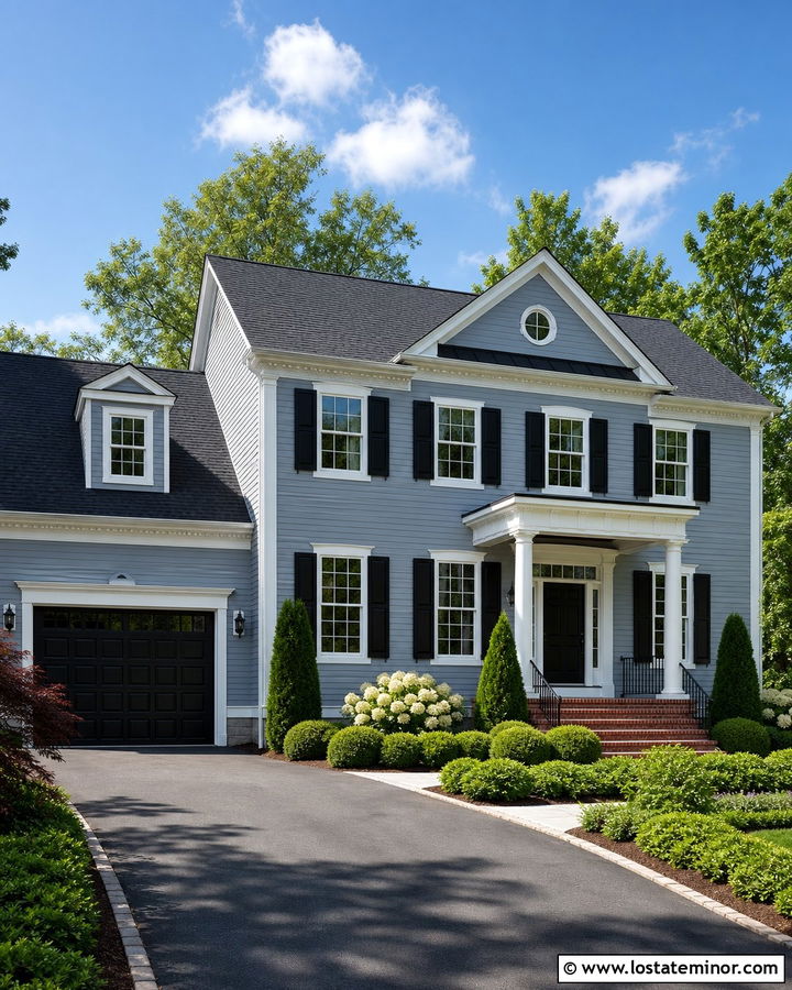 Dusty Blue Colonial House With Black Garage Door - 30 Dusty Blue House Design With Garage Door Ideas