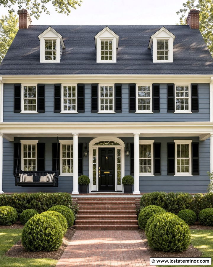 Dusty Blue Colonial House With Black Swing - 30 Dusty Blue House Design With Swing Ideas