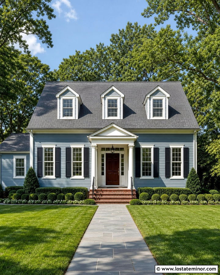 Dusty Blue Colonial House With Gable Dormers - 30 Dusty Blue House Design With Dormers Ideas