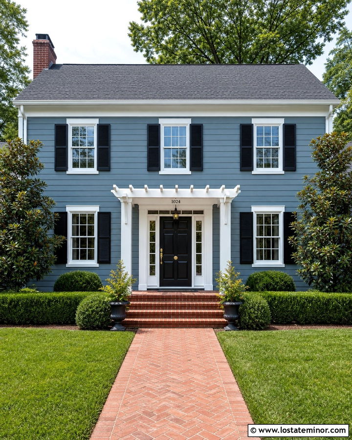 Dusty Blue Colonial House With Pergola - 30 Dusty Blue House Design With Pergola Ideas