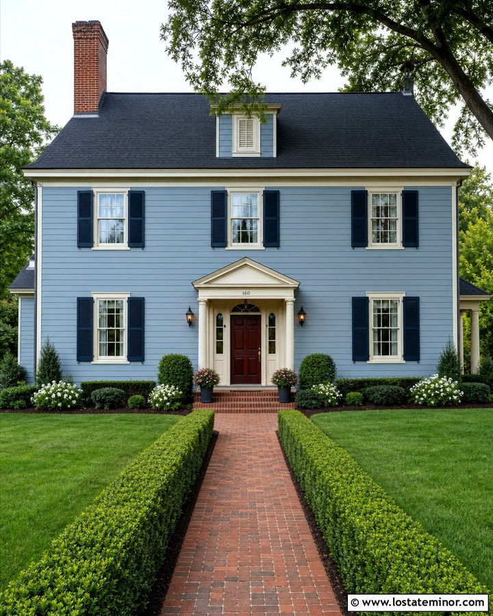 Dusty Blue Colonial House With Red Brick Chimney - 30 Dusty Blue House Design With Brick Accents Ideas