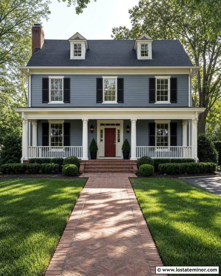 Dusty Blue Colonial House With Red Front Door - 30 Dusty Blue House Design With Front Porch Ideas