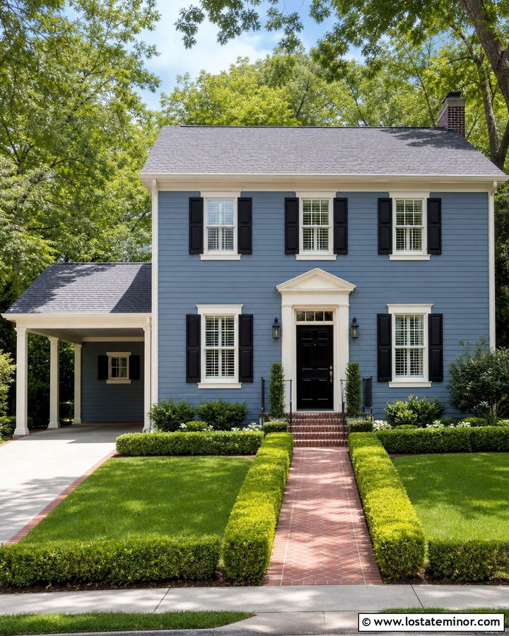 Dusty Blue Colonial House With Side Carport - 30 Dusty Blue House Design With Carport Ideas