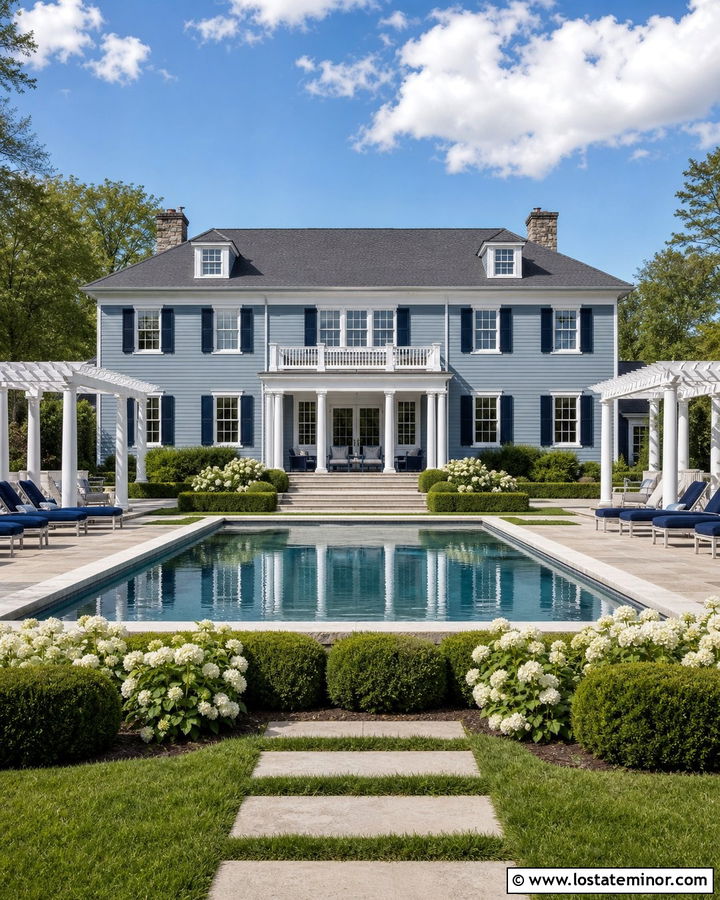 Dusty Blue Colonial House With Symmetrical Pool - 30 Dusty Blue House Design With Swimming Pool Ideas