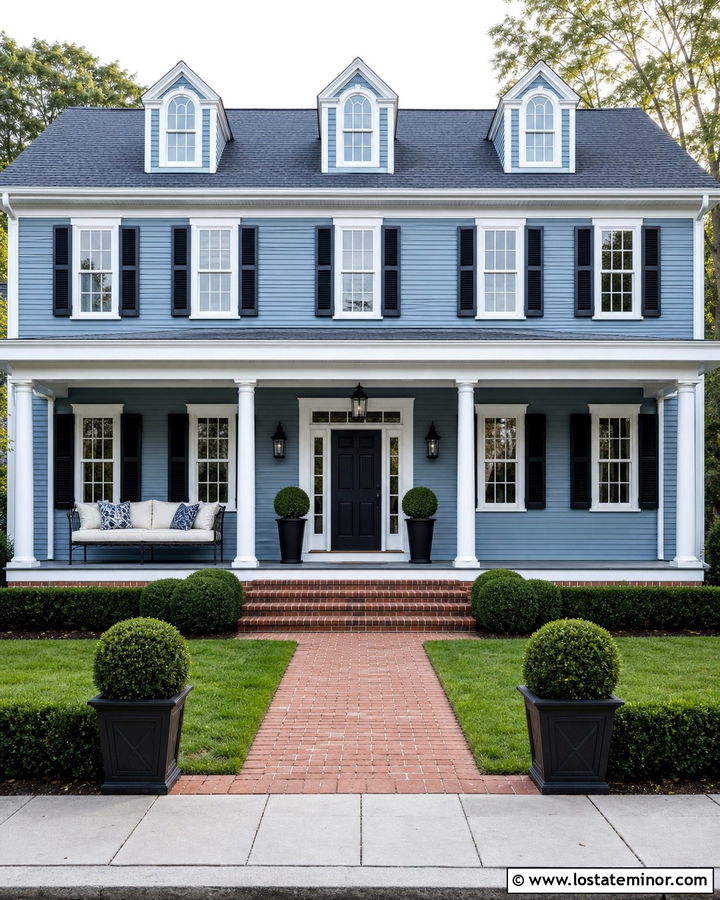 Dusty Blue Colonial With Black Daybed - 30 Dusty Blue House Design With Daybed Ideas