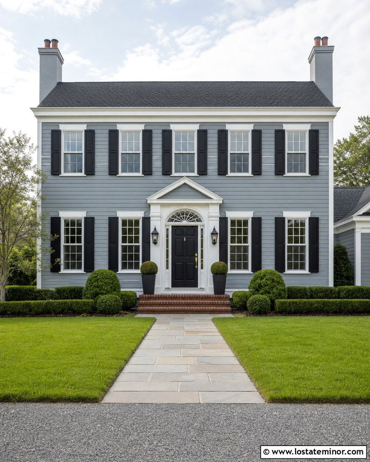 Dusty Blue Colonial With Black Front Door - 30 Dusty Blue House Design With Entry Door Ideas