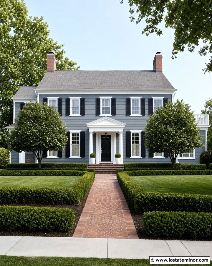 Dusty Blue Colonial With Black Shutters And Boxwood Front Yard - 30 Dusty Blue House Design With Front Yard Ideas