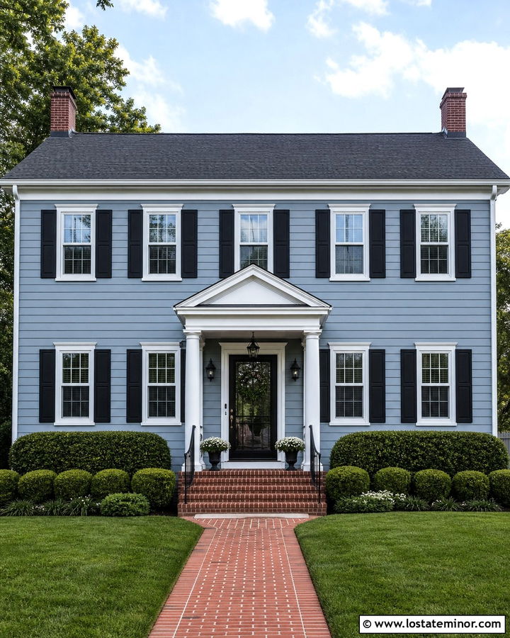Dusty Blue Colonial With Black Storm Door - 30 Dusty Blue House Design With Storm Door Ideas
