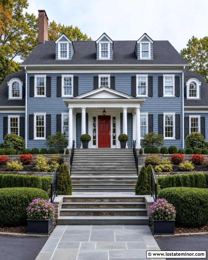 Dusty Blue Colonial With Bluestone Steps - 30 Dusty Blue House Design With Walkway Ideas