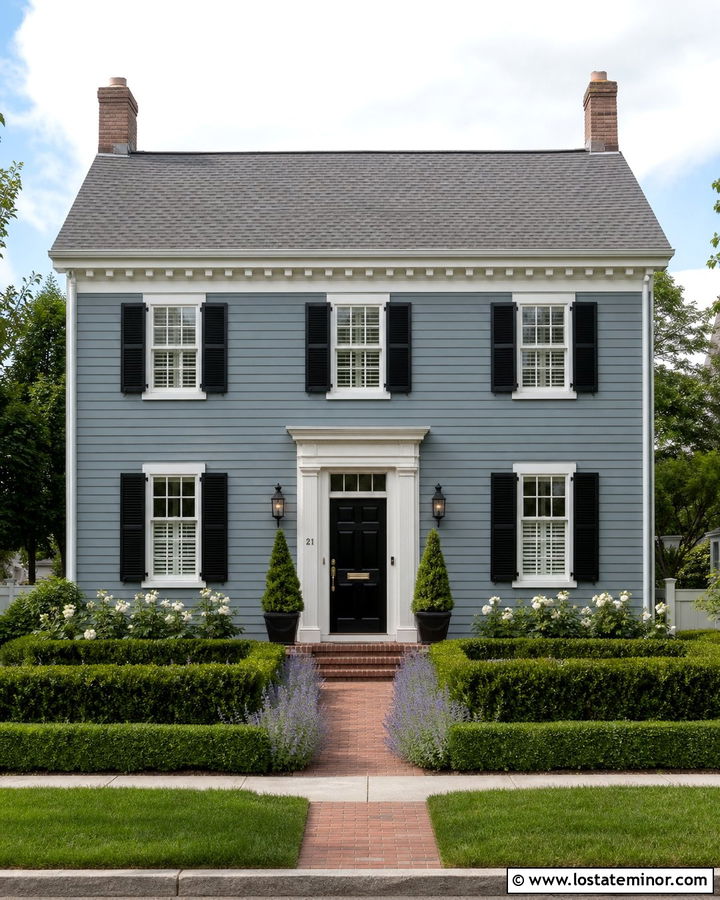 Dusty Blue Colonial With Boxwood Borders - 30 Dusty Blue House Design With Landscaping Ideas