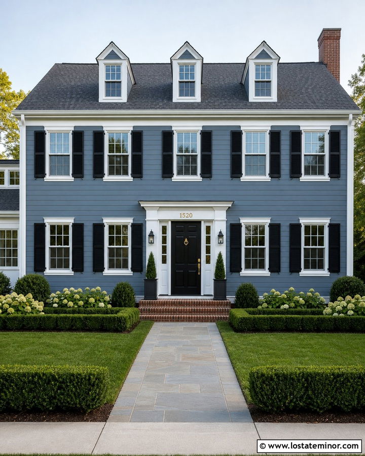 Dusty Blue Colonial With Brass House Numbers - 30 Dusty Blue House Design With House Numbers Ideas