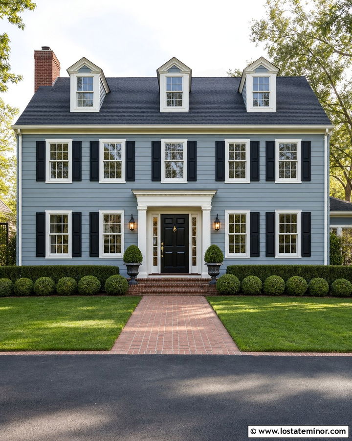 Dusty Blue Colonial With Brass Sconces - 30 Dusty Blue House Design With Light Fixtures Ideas