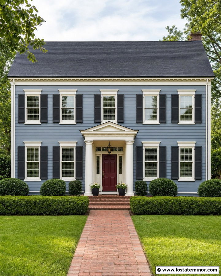 Dusty Blue Colonial With Burgundy Front Door - 30 Dusty Blue House Design With Accents Ideas