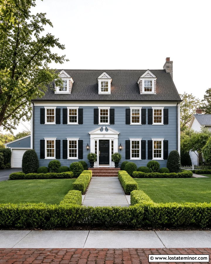 Dusty Blue Colonial With Cedar Shake Dormers - 30 Dusty Blue House Design With Cedar Shake Ideas