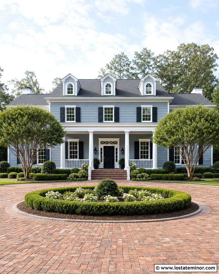 Dusty Blue Colonial With Circular Brick Driveway - 30 Dusty Blue House Design With Driveway Ideas