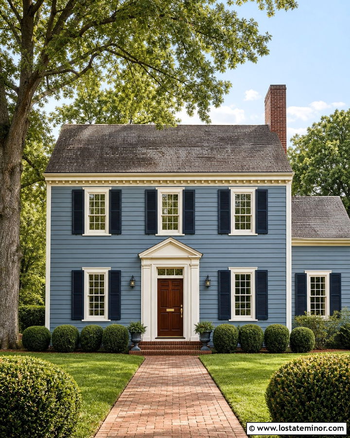 Dusty Blue Colonial With Cream Trim And Red Brick - 30 Dusty Blue House Design With Accents Ideas