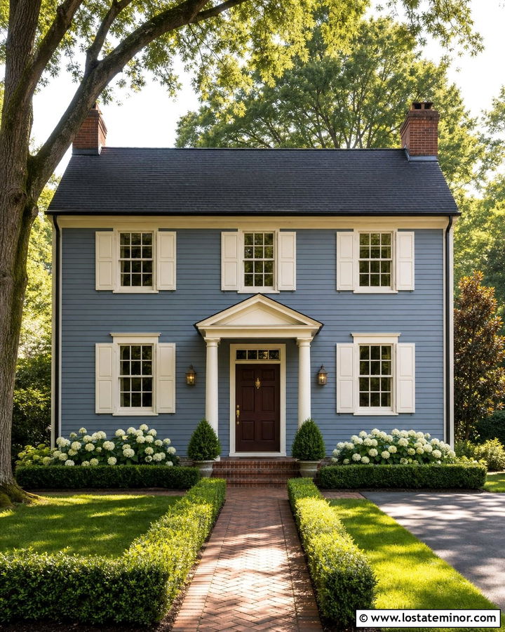 Dusty Blue Colonial With Cream Window Frames - 30 Dusty Blue House Design With Window Frames Ideas