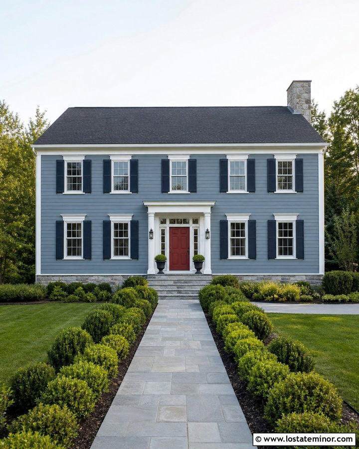 Dusty Blue Colonial With Cut Stone - 30 Dusty Blue House Design With Stone Accents Ideas