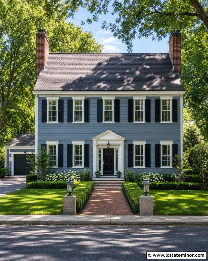 Dusty Blue Colonial With Double Chimneys - 30 Dusty Blue House Design With Chimney Ideas
