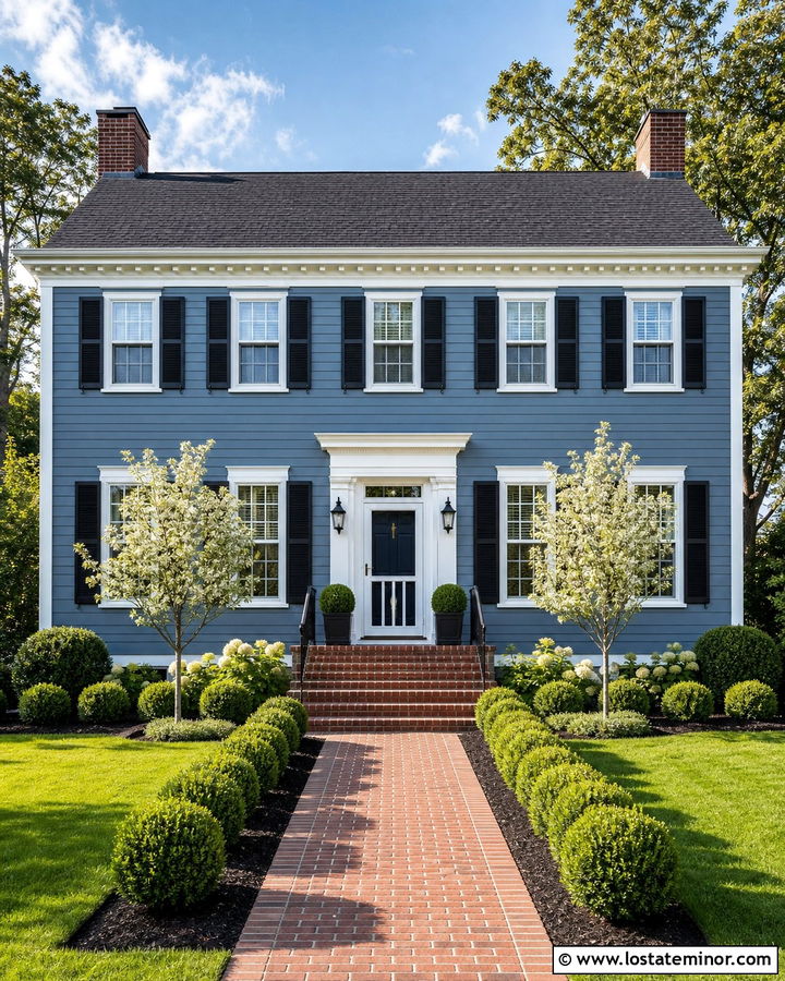 Dusty Blue Colonial With Full View Screen Door - 30 Dusty Blue House Design With Screen Door Ideas