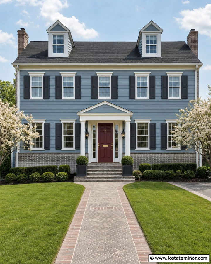 Dusty Blue Colonial With Gray Brick Wainscoting - 30 Dusty Blue House Design With Wainscoting Ideas