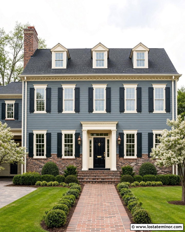 Dusty Blue Colonial With Red Brick Wainscoting - 30 Dusty Blue House Design With Wainscoting Ideas