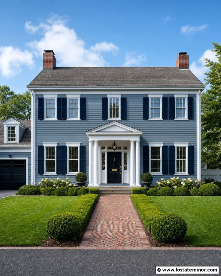 Dusty Blue Colonial With Red Brick Walkway - 30 Dusty Blue House Design With Walkway Ideas