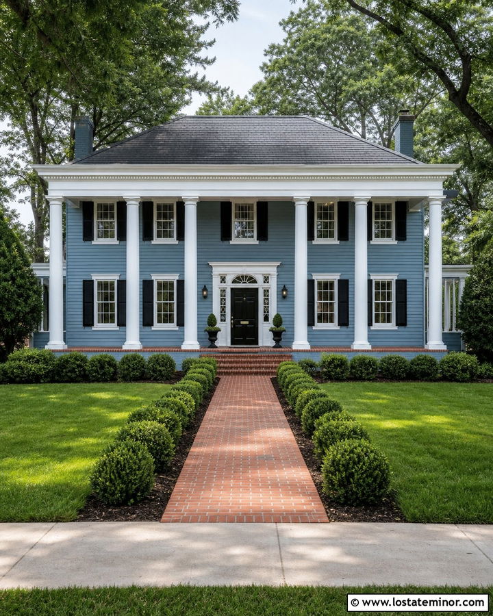 Dusty Blue Colonial With Round White Columns - 30 Dusty Blue House Design With Porch Columns Ideas