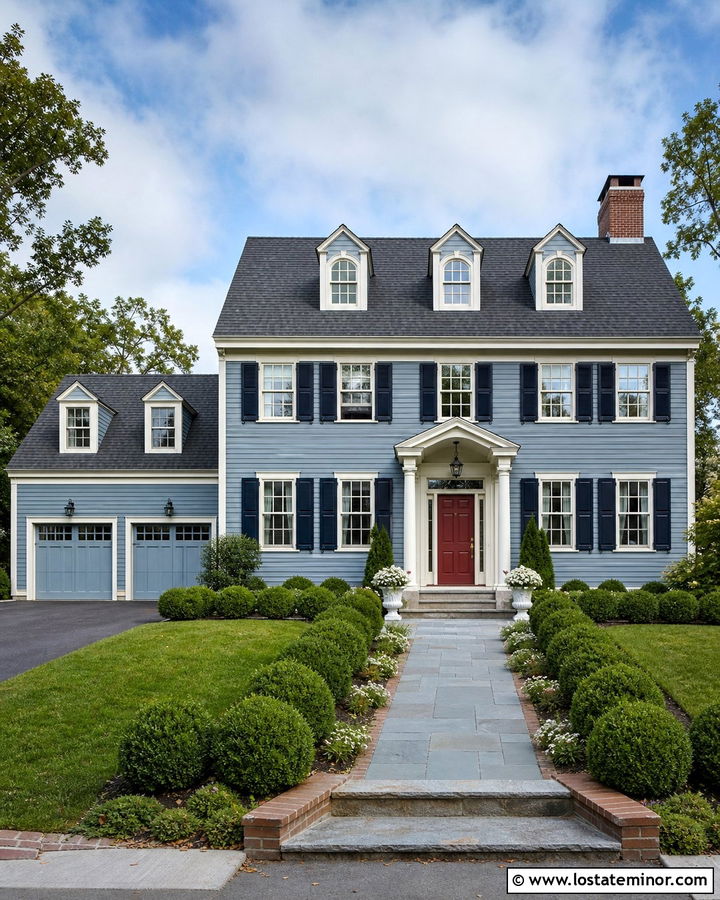 Dusty Blue Colonial With Shingle Roof - 30 Dusty Blue House Design With Shingles Ideas