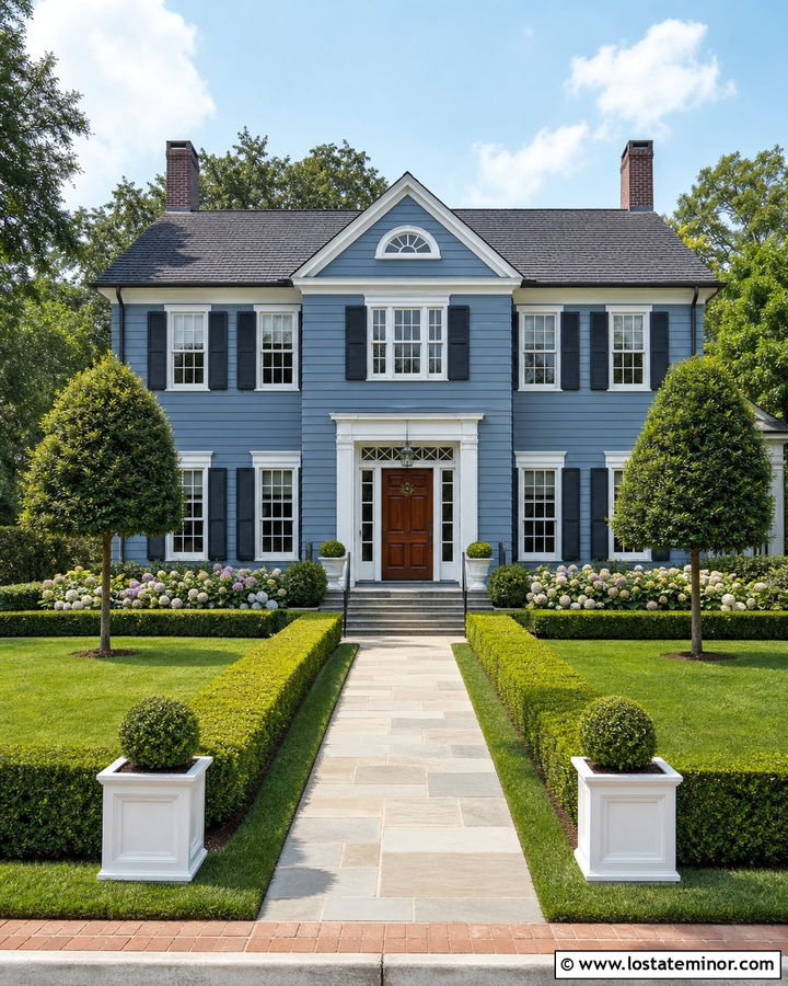 Dusty Blue Colonial With Symmetrical Front Yard - 30 Dusty Blue House Design With Front Yard Ideas