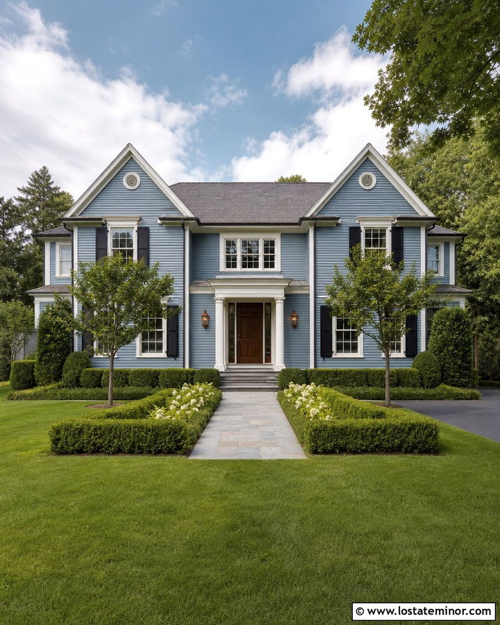 Dusty Blue Colonial With Symmetrical Gables - 30 Dusty Blue House Design With Gables Ideas