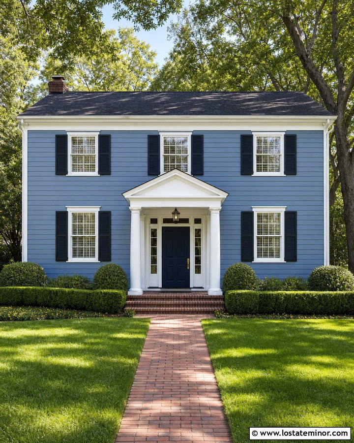 Dusty Blue Colonial With White Column Portico - 30 Dusty Blue House Design With Portico Ideas