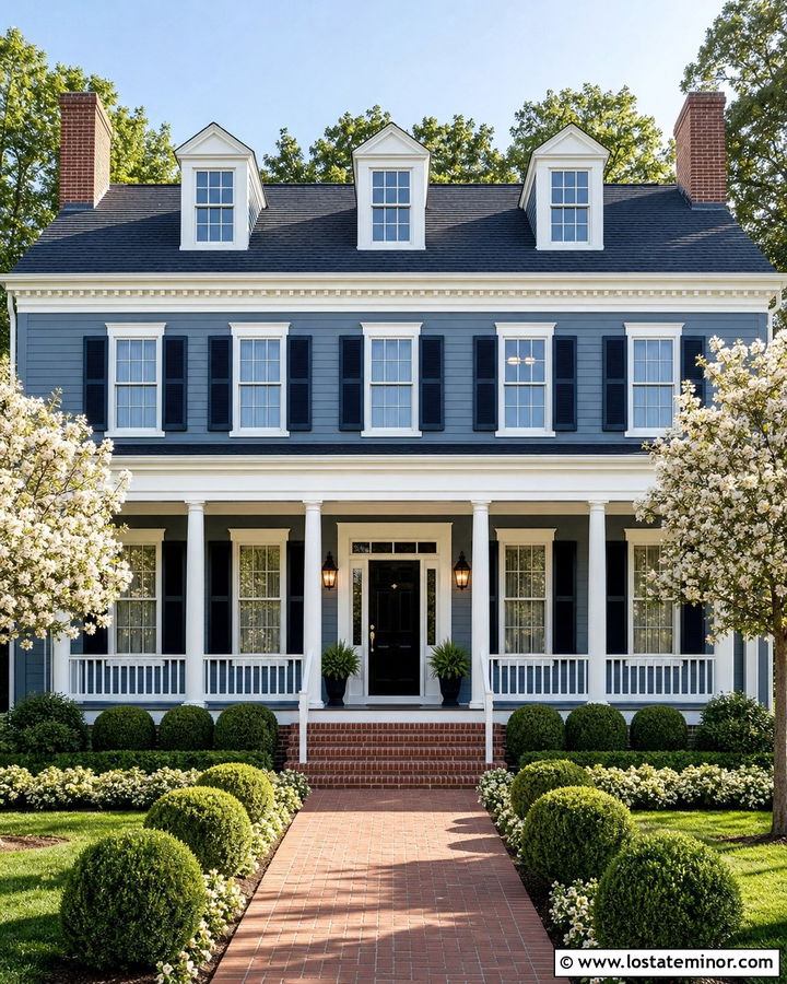 Dusty Blue Colonial With White Porch Railings - 30 Dusty Blue House Design With Railings Ideas