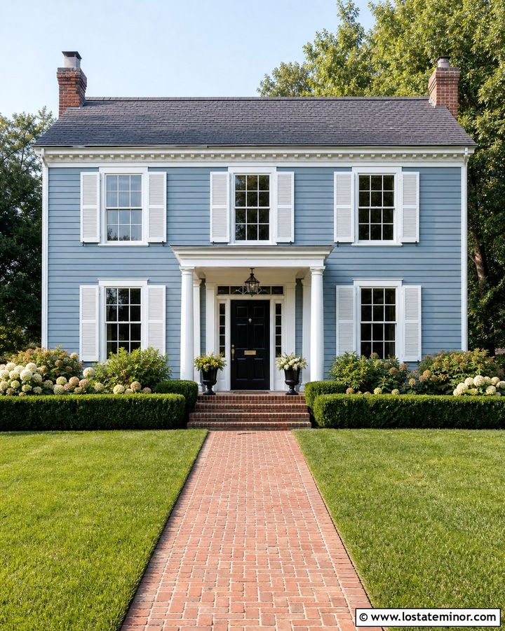 Dusty Blue Colonial With White Shutters - 30 Dusty Blue House Design With Shutters Ideas