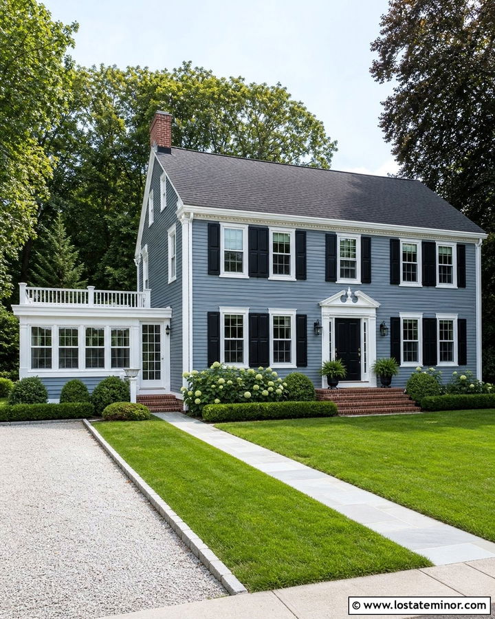 Dusty Blue Colonial With White Sunroom - 30 Dusty Blue House Design With Sunroom Ideas