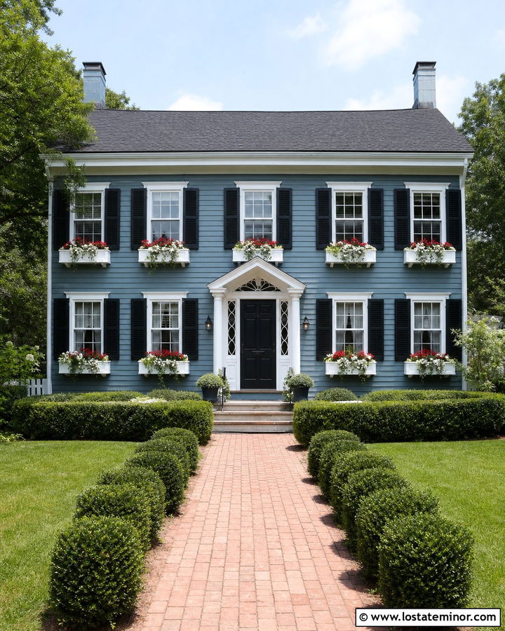 Dusty Blue Colonial With White Window Boxes - 30 Dusty Blue House Design With Window Boxes Ideas