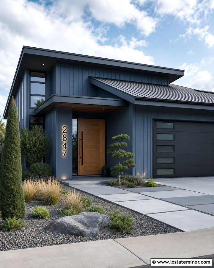 Dusty Blue Contemporary House With Backlit Numbers - 30 Dusty Blue House Design With House Numbers Ideas