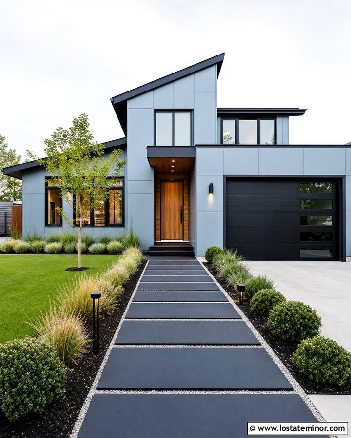 Dusty Blue Contemporary House With Black Paver Walkway - 30 Dusty Blue House Design With Walkway Ideas