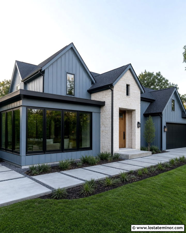 Dusty Blue Contemporary House With Board And Batten Sunroom - 30 Dusty Blue House Design With Sunroom Ideas