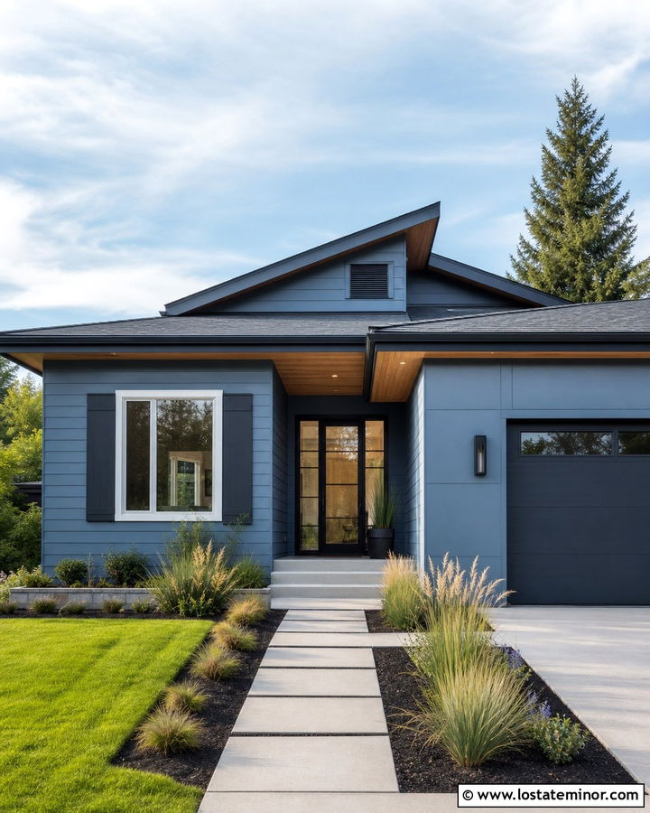 Dusty Blue Contemporary House With Charcoal Blue Shutters - 30 Dusty Blue House Design With Shutters Ideas