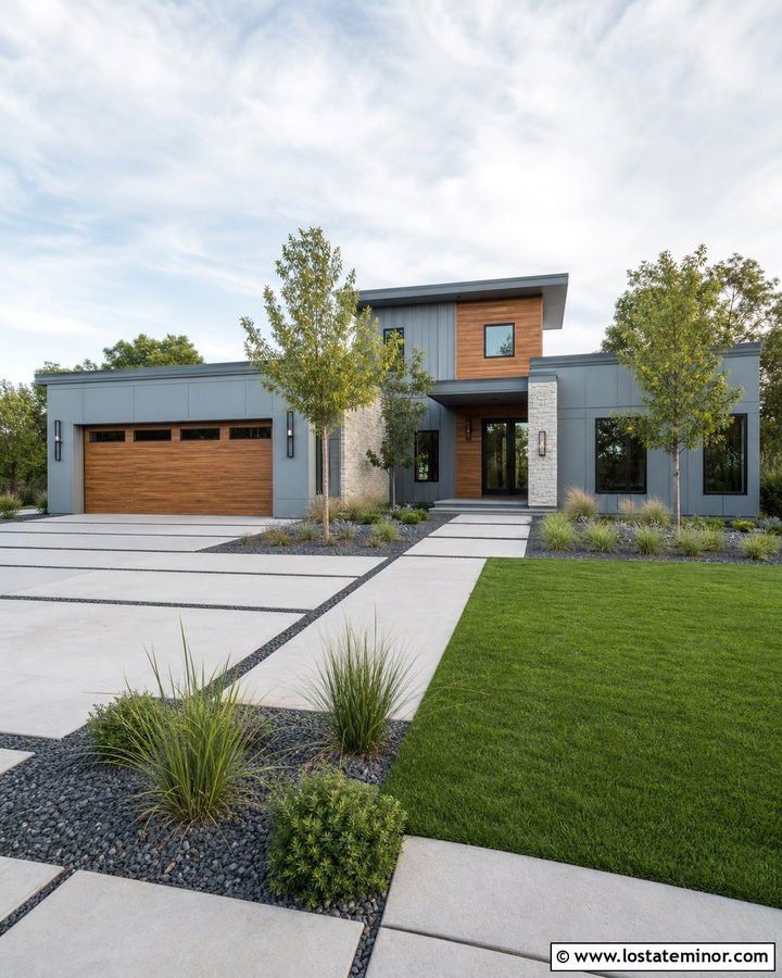 Dusty Blue Contemporary House With Concrete Slab Driveway - 30 Dusty Blue House Design With Driveway Ideas